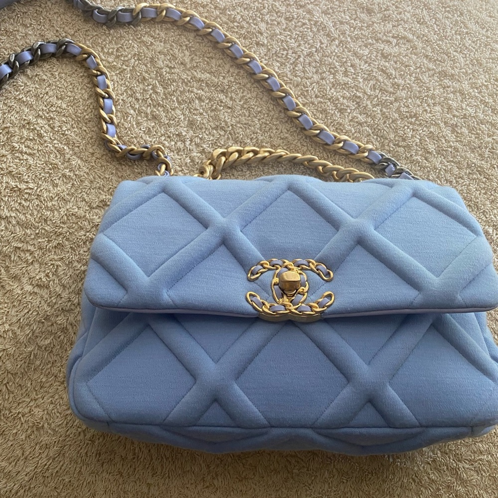 Chanel 19 flag light blue jersey handbag